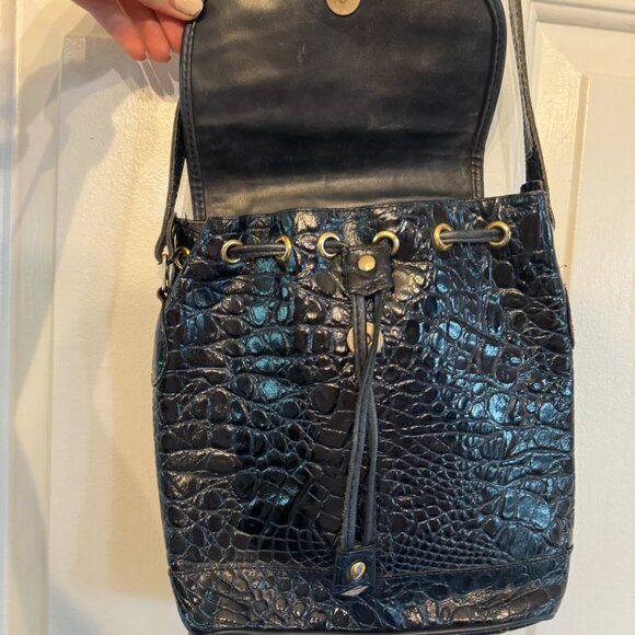 Vintage Navy Blue Croc Leather Crossbody Bucket Bag - Picture 4 of 10